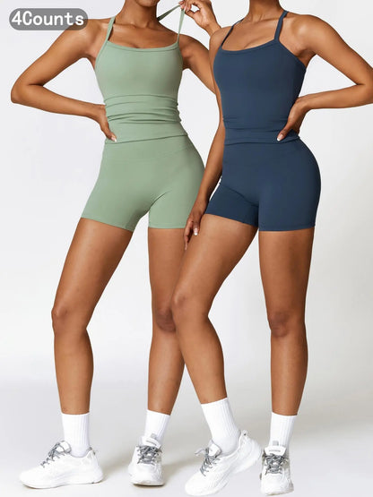 Two-Piece Set Women'S Solid Backless Cami Top & High Waist Shorts Tracksuit Set, Sleeveless Spaghetti Strap Crop Top & Skinny Shorts, Ladies Sportswear for Indoor Outdoor Wear, Gym Wear