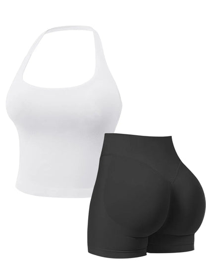 Two-Piece Set Women'S Solid Color Halter Top & High Waist Shorts Sports Set, Sporty Breathable Quick Drying Outfits for Yoga Gym Workout Running, Ladies Sportswear for Summer, Quick Dry Activewear