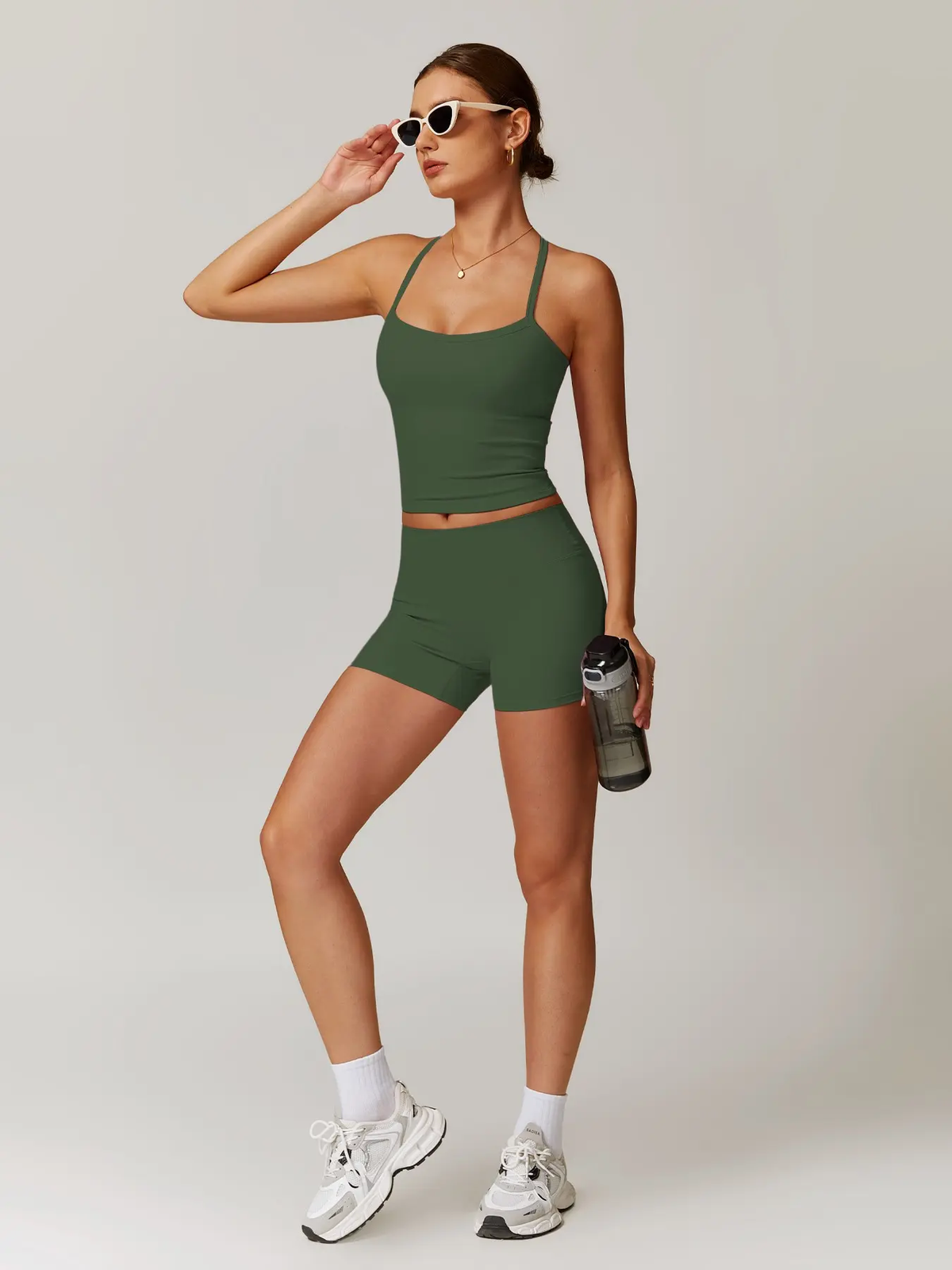 Two-Piece Set Women'S Solid Backless Cami Top & High Waist Shorts Tracksuit Set, Sleeveless Spaghetti Strap Crop Top & Skinny Shorts, Ladies Sportswear for Indoor Outdoor Wear, Gym Wear