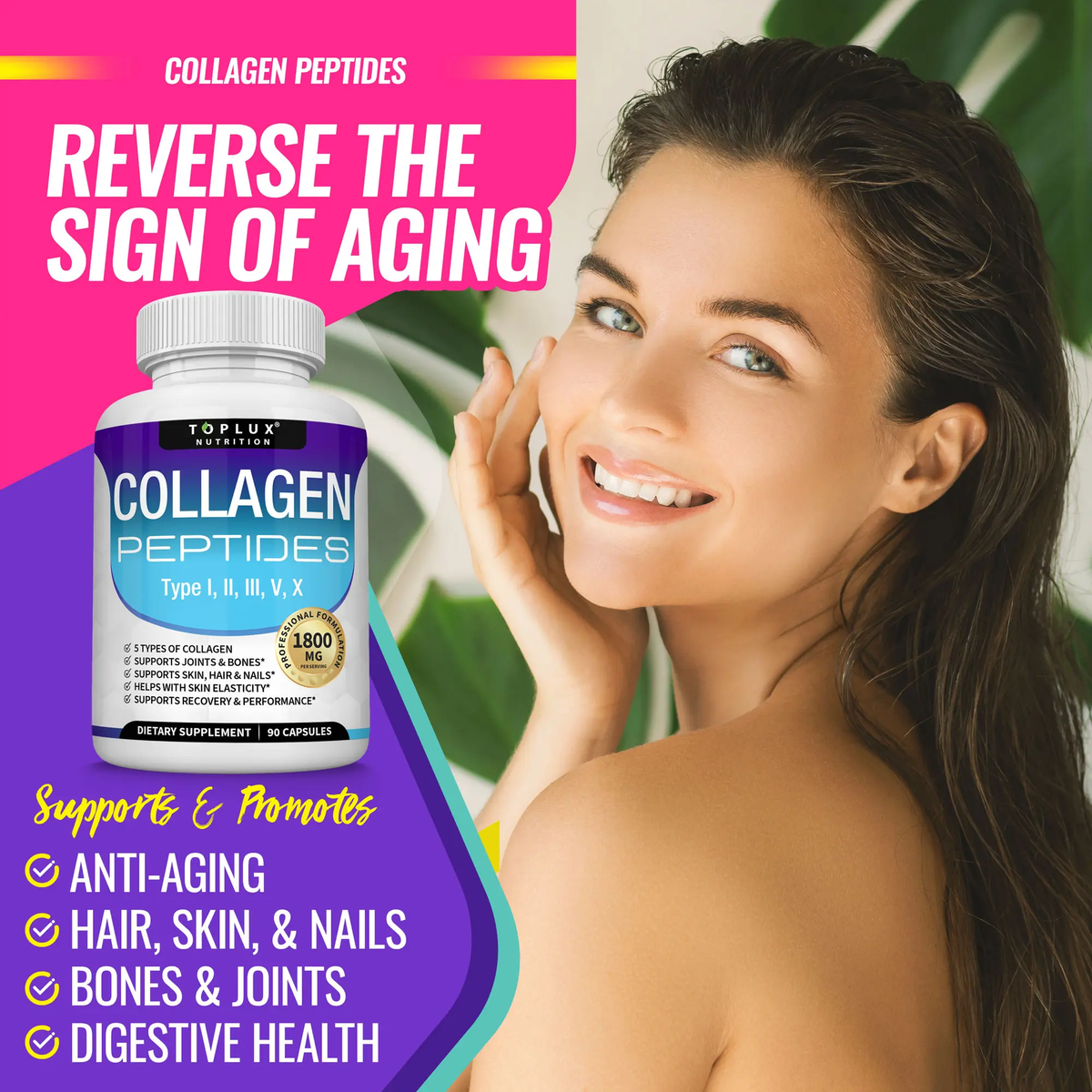 Toplux Nutrition Collagen Peptides 5 Types Complex 1800Mg US Made Dietary Supplement for Health Beauty Fitness 90 Capsules