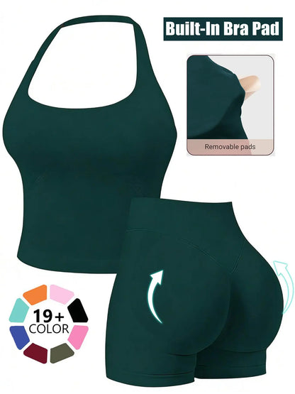 Two-Piece Set Women'S Solid Color Halter Top & High Waist Shorts Sports Set, Sporty Breathable Quick Drying Outfits for Yoga Gym Workout Running, Ladies Sportswear for Summer, Quick Dry Activewear