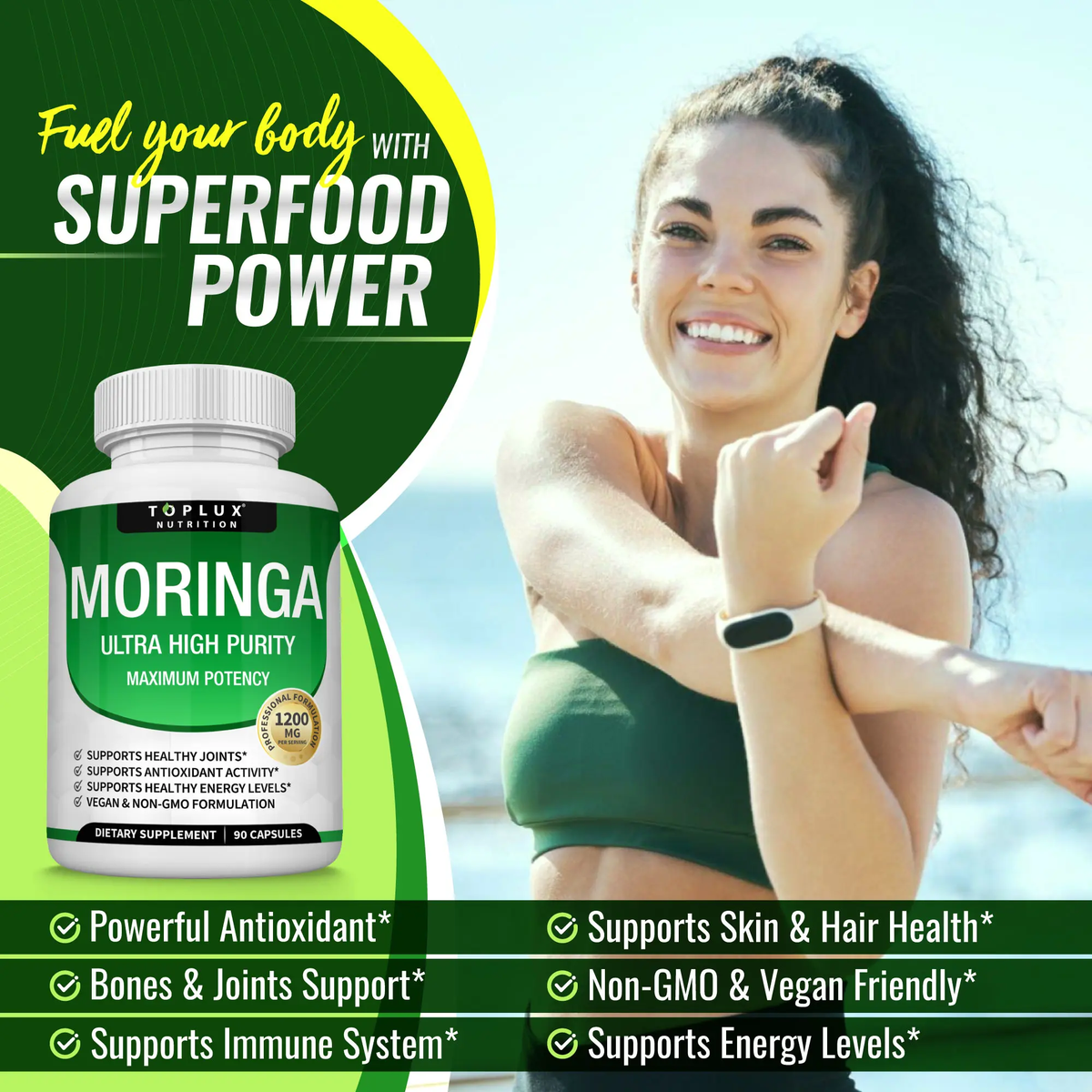 Toplux Moringa Capsules 1200mg - Premium Pure Moringa Powder for Immune and Digestive Health, 90 Capsules