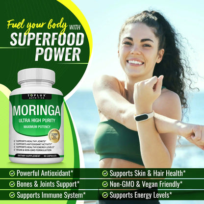 Toplux Moringa Capsules 1200mg - Premium Pure Moringa Powder for Immune and Digestive Health, 90 Capsules