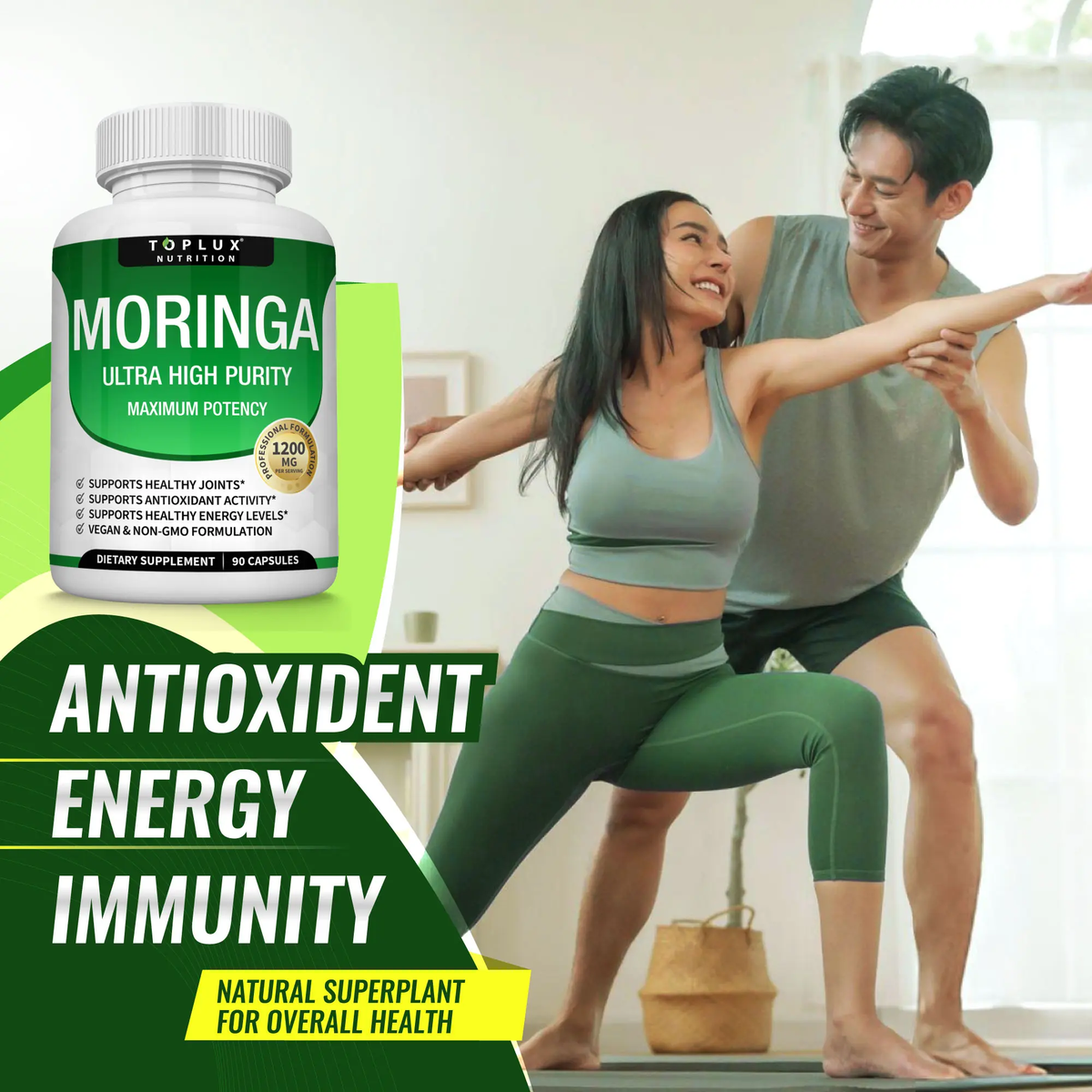 Toplux Moringa Capsules 1200mg - Premium Pure Moringa Powder for Immune and Digestive Health, 90 Capsules