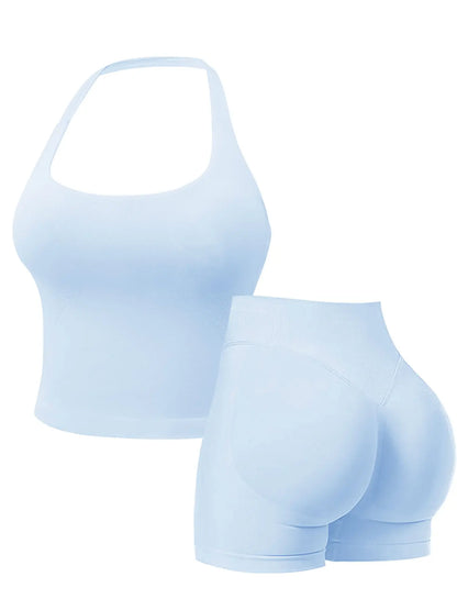 Two-Piece Set Women'S Solid Color Halter Top & High Waist Shorts Sports Set, Sporty Breathable Quick Drying Outfits for Yoga Gym Workout Running, Ladies Sportswear for Summer, Quick Dry Activewear
