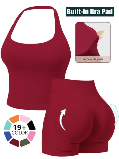 Two-Piece Set Women'S Solid Color Halter Top & High Waist Shorts Sports Set, Sporty Breathable Quick Drying Outfits for Yoga Gym Workout Running, Ladies Sportswear for Summer, Quick Dry Activewear