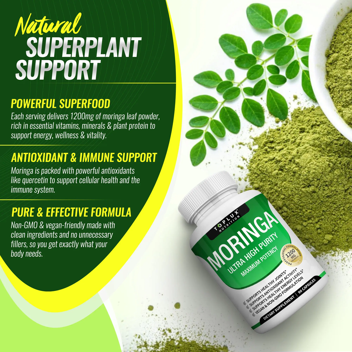Toplux Moringa Capsules 1200mg - Premium Pure Moringa Powder for Immune and Digestive Health, 90 Capsules