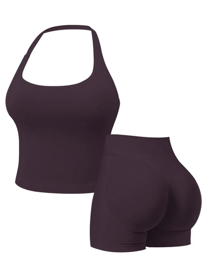 Two-Piece Set Women'S Solid Color Halter Top & High Waist Shorts Sports Set, Sporty Breathable Quick Drying Outfits for Yoga Gym Workout Running, Ladies Sportswear for Summer, Quick Dry Activewear