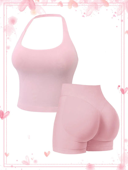 Two-Piece Set Women'S Solid Color Halter Top & High Waist Shorts Sports Set, Sporty Breathable Quick Drying Outfits for Yoga Gym Workout Running, Ladies Sportswear for Summer, Quick Dry Activewear